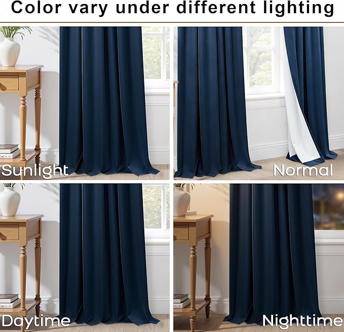Mrs.Naturall Navy Blue Pinch Pleated Linen Blackout Curtains 84 Inch Length, Pleat Design for Summer Thermal Insulated & Noise Reducing for Mens, Boys Bedroom & Nursery, 2 Panel Set