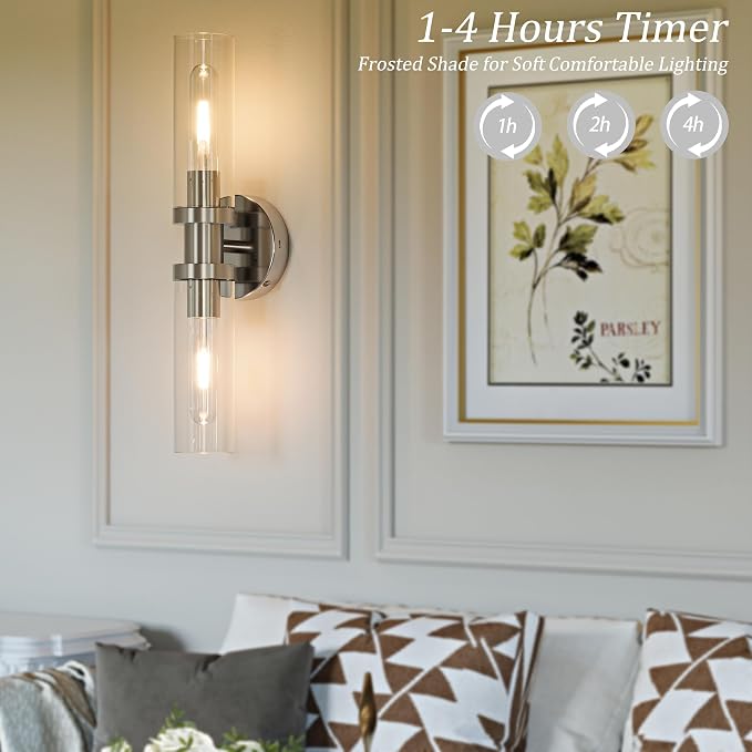 Rayogale Nickel Wireless Battery Operated Wall Sconce with Remote Control | Dimmable Rechargeable Wall Lights Set of 2, Timer, No Hardwire, Touch Control, 8000mAh, 3000K, Glass, Emergency, 16.5 Inch