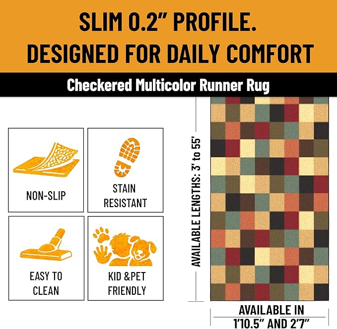 Ottomanson 2'7" x 46' Extra Long Hallway Runner Rug – Non Slip Low Pile Carpet Runner for Hallways, Corridors & Narrow Spaces, Checkered Multicolor