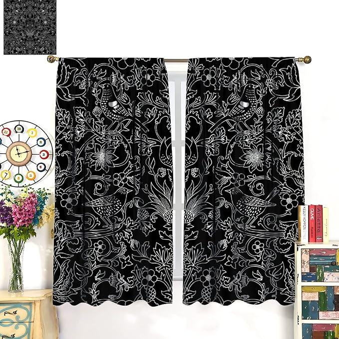 Bohemia William Morris Art Blackout Window Curtains, Vintage Flowers and Birds Dark Magic Forest Background, for Living Room Bedroom 21(W)*54(L) 2 Panels