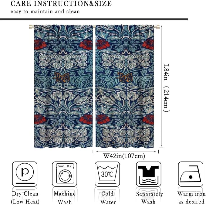 Bohemian William Morris Retro Plant Floral Blackout Window Curtains, Flower Vintage Country Farmhouse Art Window Drapes, for Bedroom Living Room 42(W)*84(L) 2 Panels