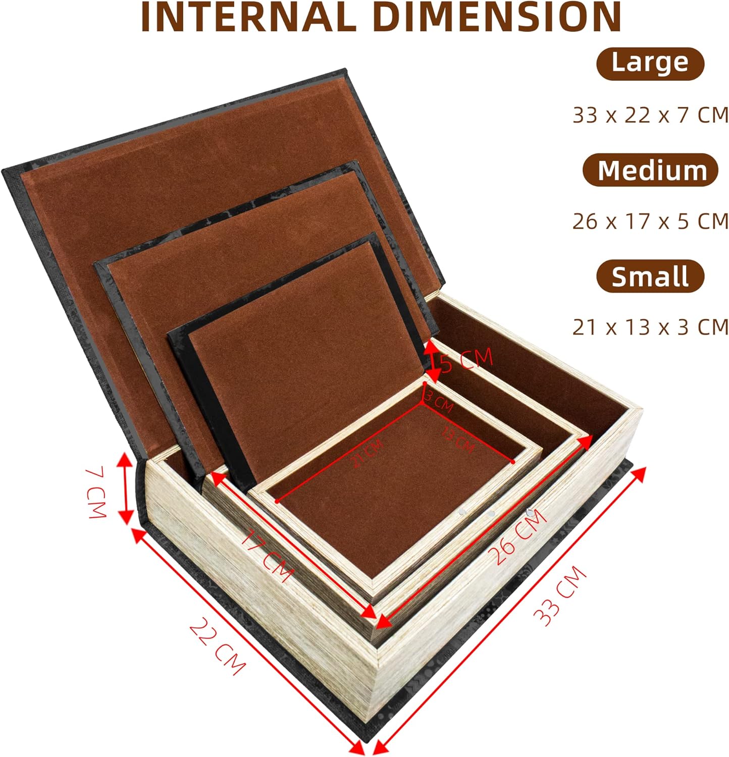 Decorative Book Box Set of 3,Vintage Style Book Shaped Storage Box,Leather Decorative Wooden Trinket Jewelry Books Boxes with Antique Embossed Pattern,Mother's Day/Graduation /Birthday Gift Idea