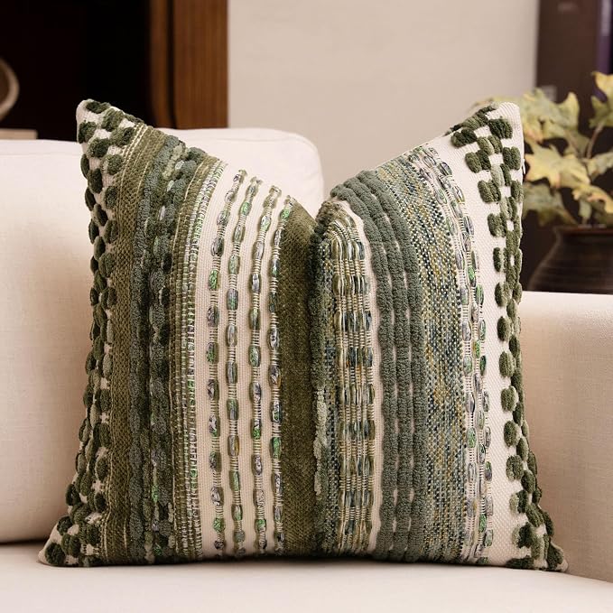 Boho Chenille Tufted Throw Pillow Covers 18x18 Inch Set of 2 Farmhouse Green Woven Striped Decorative Pillowcases for Couch Sofa Bed
