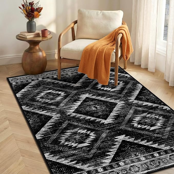 BESTSWEETIE Area Rug 3x4 Rug Machine Washable Non-Slip Low Pile Print Pattern Western Rug for Living Room Bedroom Entryway Tribal Series-Black