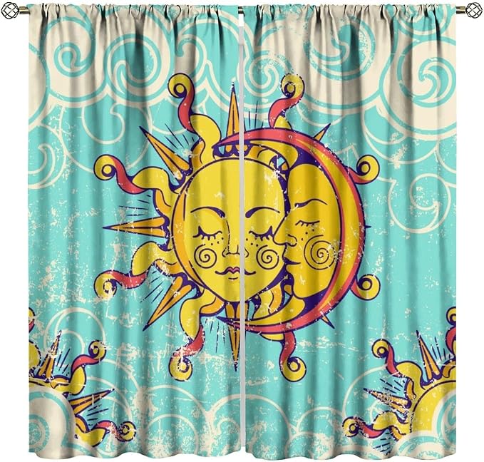 Retro Bohemian Sun Moon Blackout Curtains, Boho Sun Moon Stars Art Rustic Farmhouse Window Drapes, for Living Room Bedroom 52x84in 2 Panels
