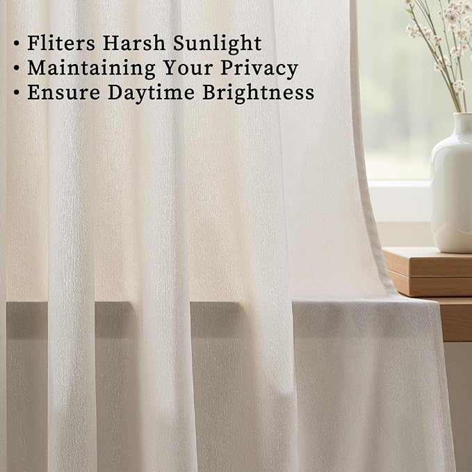 105 Inch Curtains 2 Panels Set,Two Packs Pinch Pleat Back Tab Linen Window Semi Sheer Privacy Thick Decorative Curtain Drapes for Living Room Bedroom,40x105 in Long,Ivory Beige