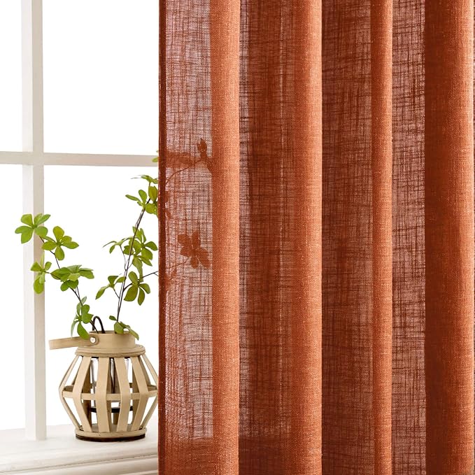 MIULEE Rust Curtains 96 Inch Length 2 Panels for Bedroom Living Room, Terracotta Soft Thick Linen Textured Window Drapes Semi Sheer Light Filtering Back Tab Rod Pocket Burlap Look Fall Decor