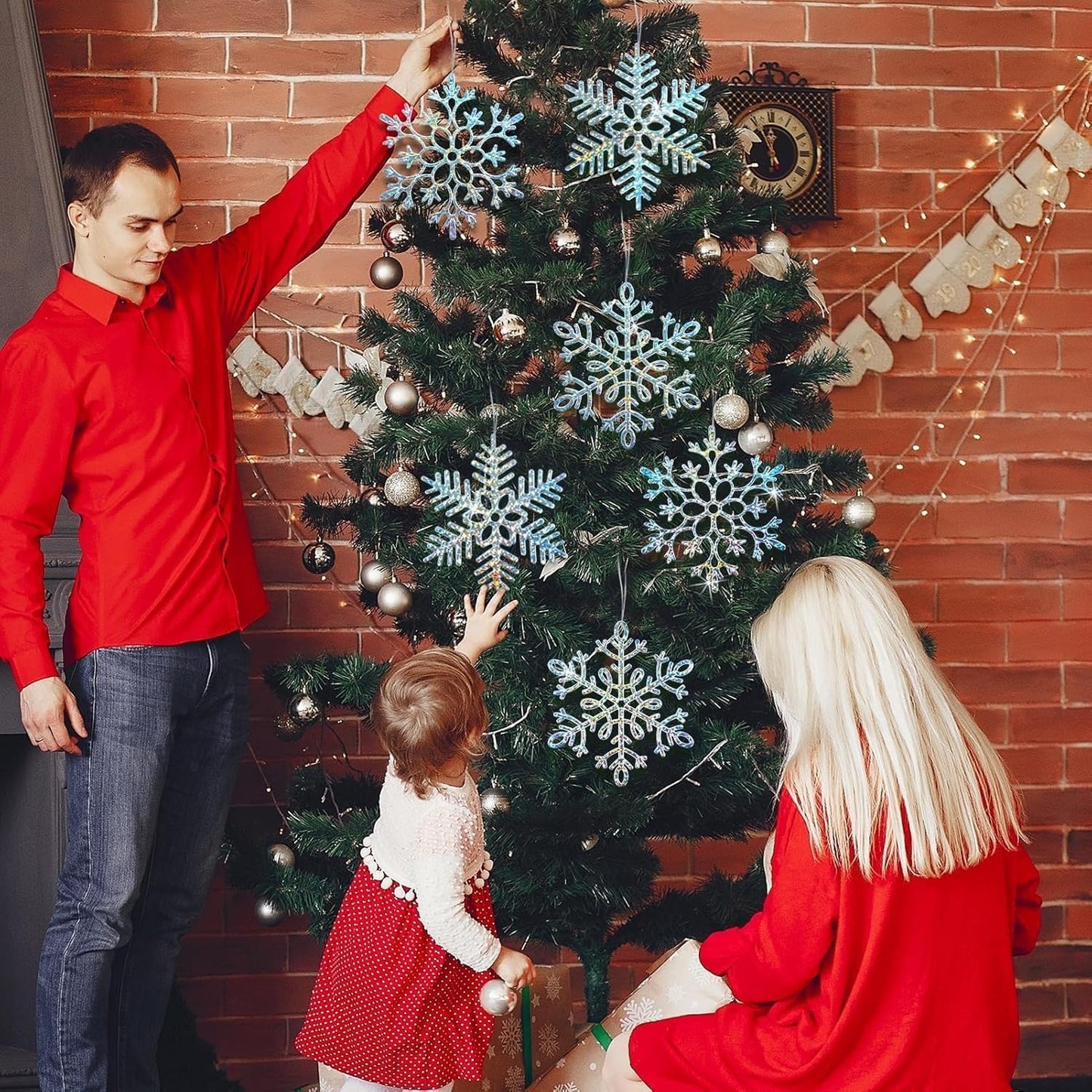 12pcs Large Iridescent Snowflakes Christmas Ornaments-12 Big Plastic Glitter Hanging Snow Flakes for Christmas Tree Decorations Winter Indoor Outdoor Window Home Decor Giant Craft Snowflakes