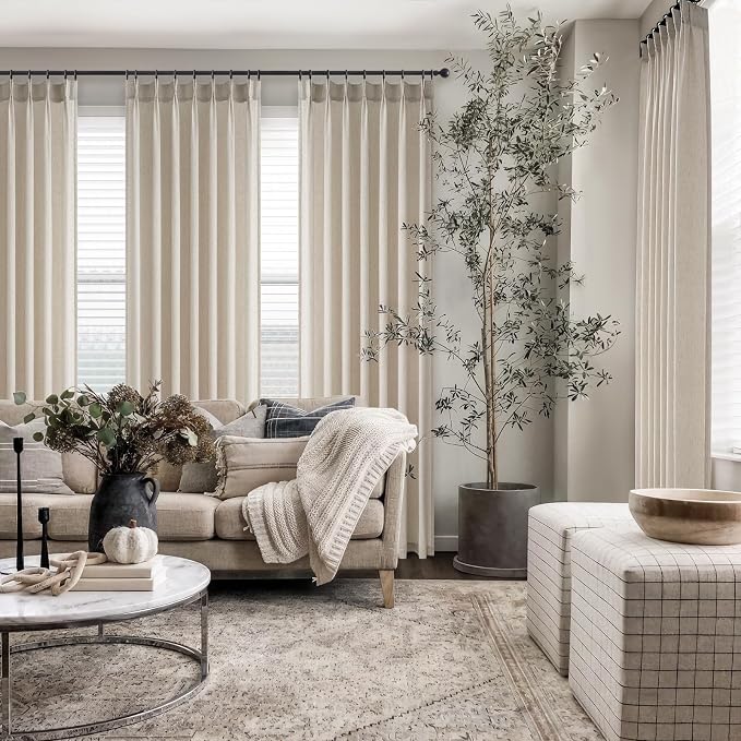 Pinch Pleated 94 Inch Curtains 2 Panels for Living Room,Light Brown Linen Curtains 94 Inches Long Pinch Pleat Drapes for Track System Light Filtering Semi Sheer Curtains for Dining Bedroom Office