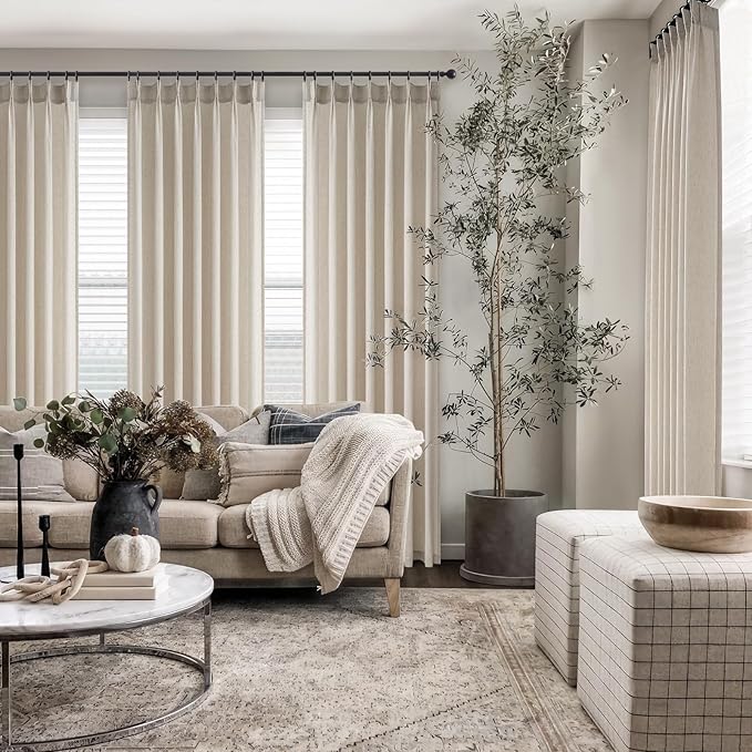 Topfinel 108 Inch Pinch Pleated Linen Curtains 1 Panels,Oatmeal Semi Sheer Curtains with Pleated Hooks Back Tab for Track System,Extra Long 9ft Curtain for Living Room Bedroom,72x108,Beige