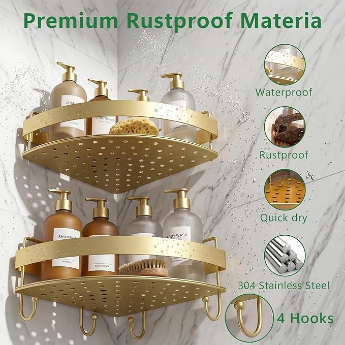 Corner Shower Caddy, 2 Pack Adhesive Gold Shower Organizers, Rustproof Stainless Steel Shower Shelves with 4 Hooks, No Drilling Shelves for Bathroom Storage & Home Decor