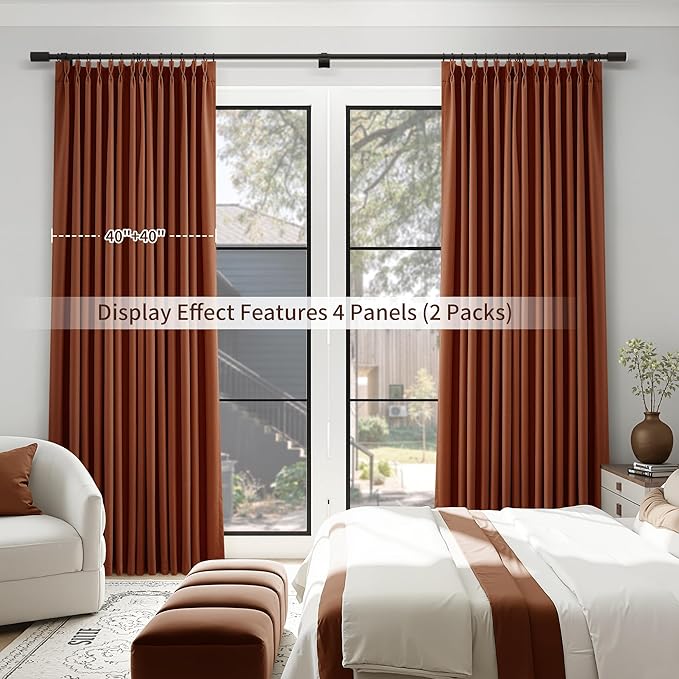 Pinch Pleated 100% Blackout Linen Curtains 120 Inches Long Insulated Thermal Soundproof Full Blackout Drapes for Bedroom Living Room Darkening Extra Long Terracotta Pinch Pleat Linen Curtains 40x120