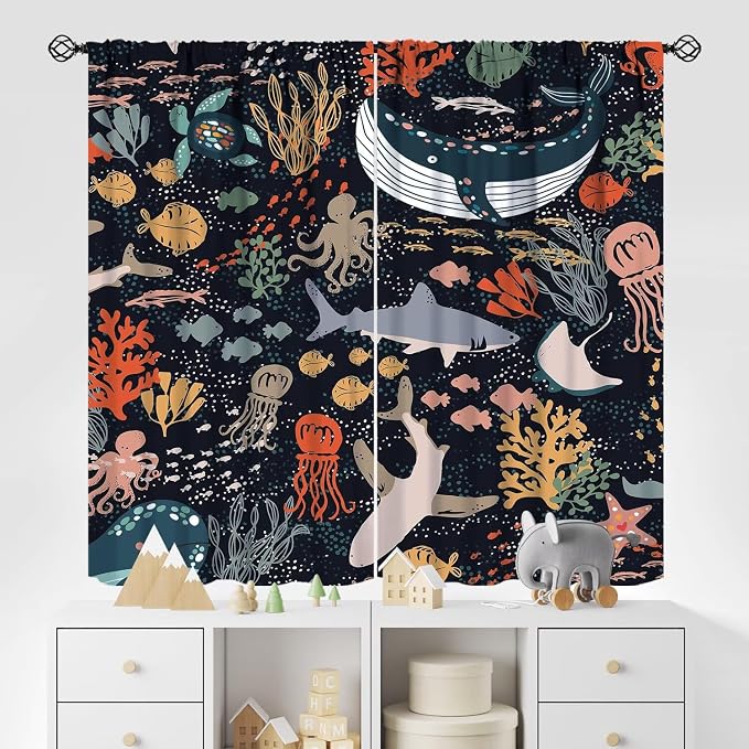 YCness Kids Sea Animal Curtains for Boys Girls Bedroom Nursery Decor Funny Turtle Whale Ocean Colorful Art Printed Blackout Window Drapes Fabric Set 2 Panel 84x84 Inch 80% Shading Rate