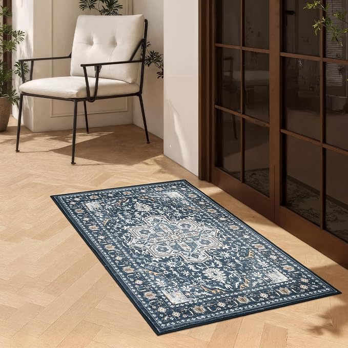Rugflix 2x3 Small Area Rugs for Entryway, Washable Entrance Door Mat Non-Slip, Soft Low Pile Stain Resistant Vintage Boho Indoor Throw Rug for Hallway, Kitchen, Bedroom, Navy Blue