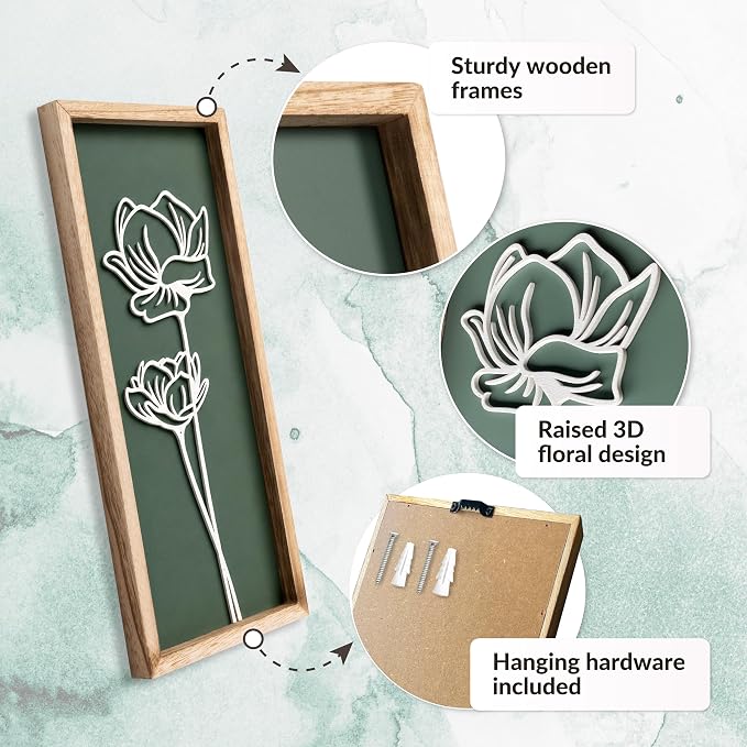 3D Floral Green Wall Art (Set of 3) Lightweight, Wooden Ready-to-Hang Boho Framed Wall Art for Bathroom, Master Bedroom, Living Room or Office - Premium Sage Green Farmhouse Decor - Gift-Boxed