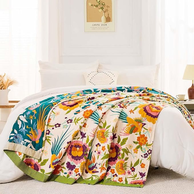 XIBLC Boho Throw Blanket for Bed, 100% Cotton Soft Rustic Quilt Fall Blanket, 50"x60" Colorful Floral Printed Farmhouse Decor Bed Blankets, All Season Rustic Reversible Bohemian Throw Quilt