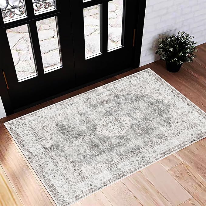 CHAMPLANT Washable Area Rug 2'x3' Door Mat Vintage Distressed Doormat Indoor Entrance Traditional Thin Rug Floral Print Non Slip Carpet for Kitchen Bathroom Bedroom Living Room