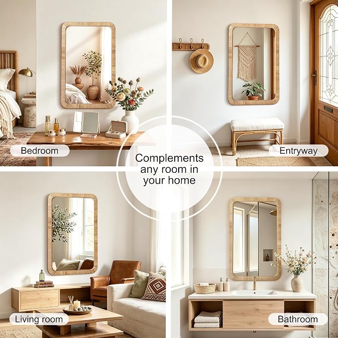 Decorative Rattan Wall Mirror, Boho Bathroom Modern Makeup, Rustic Wall Bohemia Mirrors for Bedroom, Living Room, Vanity Versatile Farmhouse, Nursery, Bathroom (Rectangular 48" x30“)