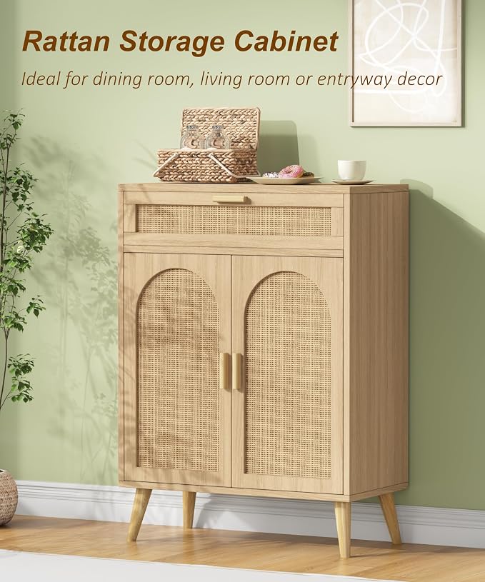 Keehusux Rattan Storage Cabinet with Drawer and 2 Doors, Accent Sideboard Buffet Cabinet with Adjustable Shelf, Solid Wood Feet, Coffee Bar for Kitchen, Living Room, Entryway, Natural Oak