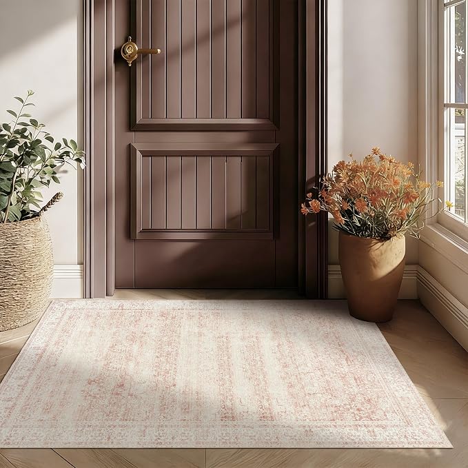 Pink Small Throw Rug for Bedreoom 2x3 Washable Boho Vintage Distressed Aesthetic Style Light Pink Floral Non Slip Cute Area Rugs for Side of Bed Teen Girls Room Kitchen Bathroom Entryway 2 x 3