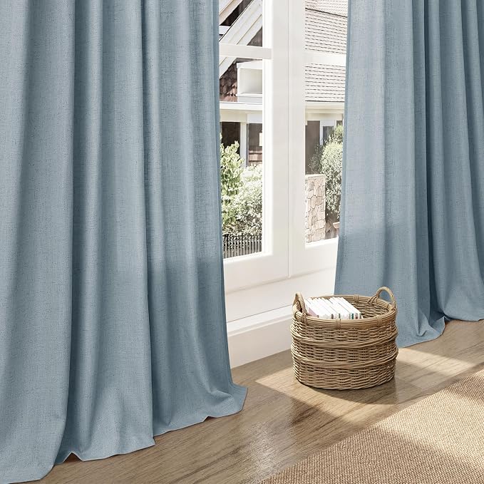 Nanspring Light Blue Linen Curtains 102 Inches Long Rod Pocket Back Tab Drapes 2 Panels Set for Living Room Bedroom Light Filtering Semi Sheer Light Blue Curtain 102 Length for Patio Door 52x102