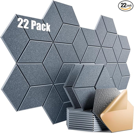 22 Pack Self-Adhesive Acoustic Panels 12" X 10" X 0.4" - Sound Proof Foam Panels with High Density, Y-Lined Design, Flame Resistant, Absorb Noise and Eliminate Echoes(Gray)