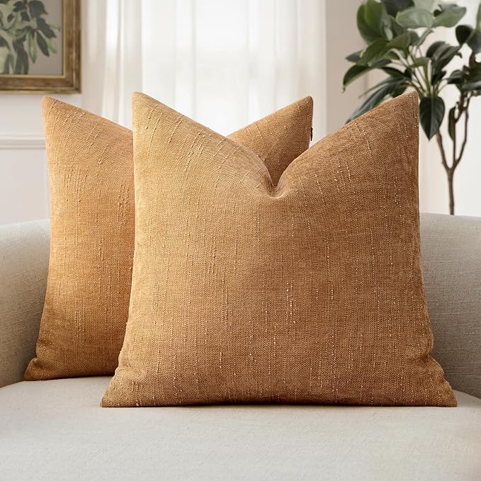 MIULEE Pack of 2 Decorative Throw Pillow Covers Soft Chenille Throw Pillows Solid Textured Cushion Covers Home Decor for Couch Sofa Bedroom Living Room 18x18 Inch,Golden Brown