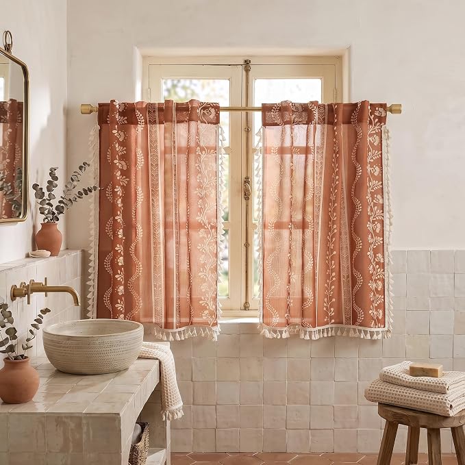 Lino Rosa Boho Cafe Curtains for Kitchen Window Over Sink, 36 Inch Length Vintage Floral Rustic Farmhouse Sheer Half Tiers for Bathroom Bedroom Cabinet Oven Skirt, 24x36, Rust Red