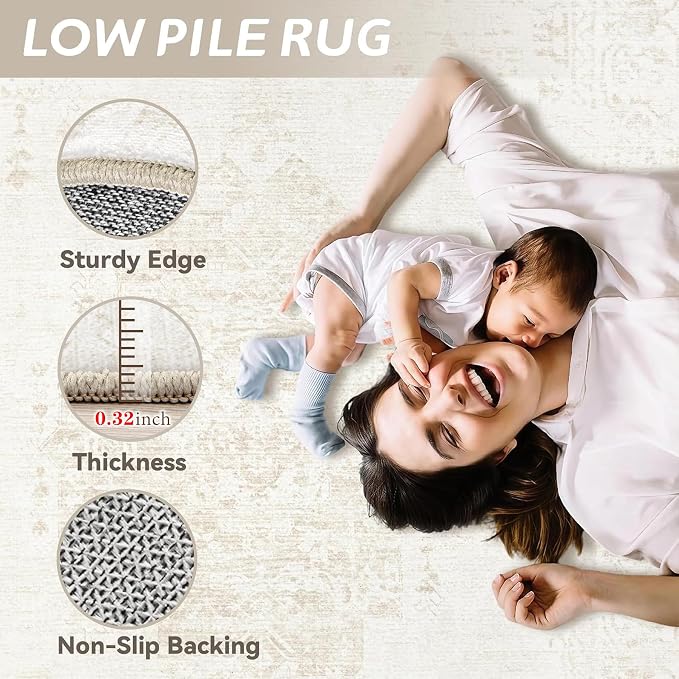 Washable Rugs 5x7 Living Room Rug: Vintage Neutral Area Rugs Soft Non-Slip Indoor Low Pile Carpet for Bedroom Dining Room Nursery Office (Beige, 5' x 7')