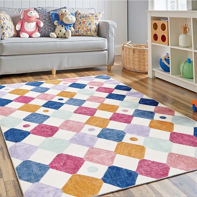 jinchan Macy 3x5 Area Rug for Kids Room Modern Colorful Checkered Diamond Nursery Rug Indoor Washable Soft Non Slip Carpet for Playroom Classroom Bedroom Dorm Daycare Living Room Berries on Cream