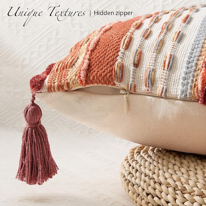 Kevin Textile 12x20 Inch Lumbar Throw Pillow Cover 1 Pack Fall Boho Decorative Soft Chenille Thread Woven Tufted Textured Rectangle Cushion Case for Living Room Couch Sofa Bed, Burnt Orange