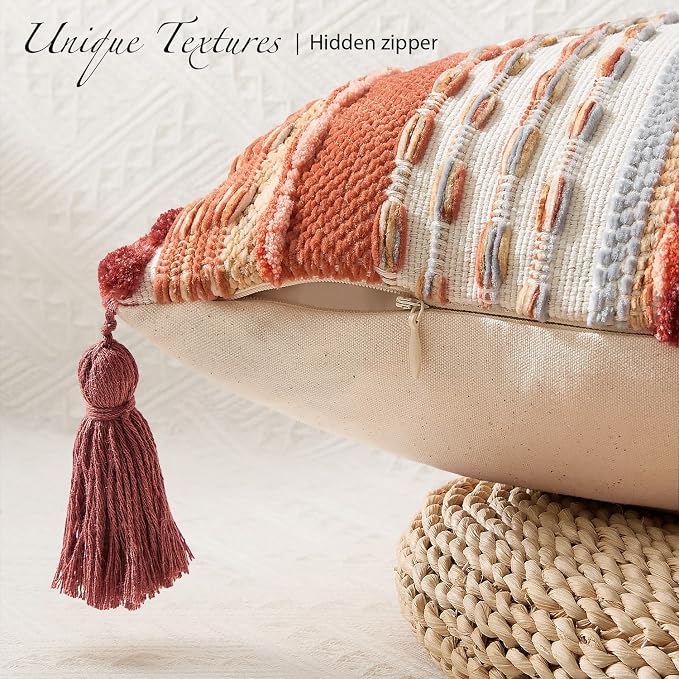 Kevin Textile 20x20 Inch Throw Pillow Cover 1 Pack Fall Boho Decorative Soft Chenille Thread Woven Tufted Textured Square Cushion Case Farmhouse Accent for Living Room Couch Sofa Bed, Burnt Orange