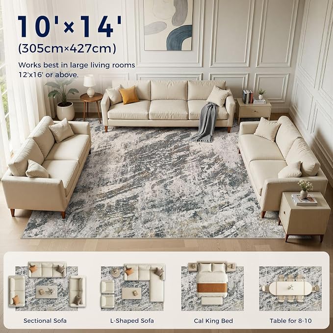 DMOYEST Area Rug Living Room Rugs - 10x14 Large Soft Indoor Neutral Modern Abstract Low Pile Washable Rug Carpet for Bedroom Dining Room Farmhouse Home Office-Black Gold/Grey