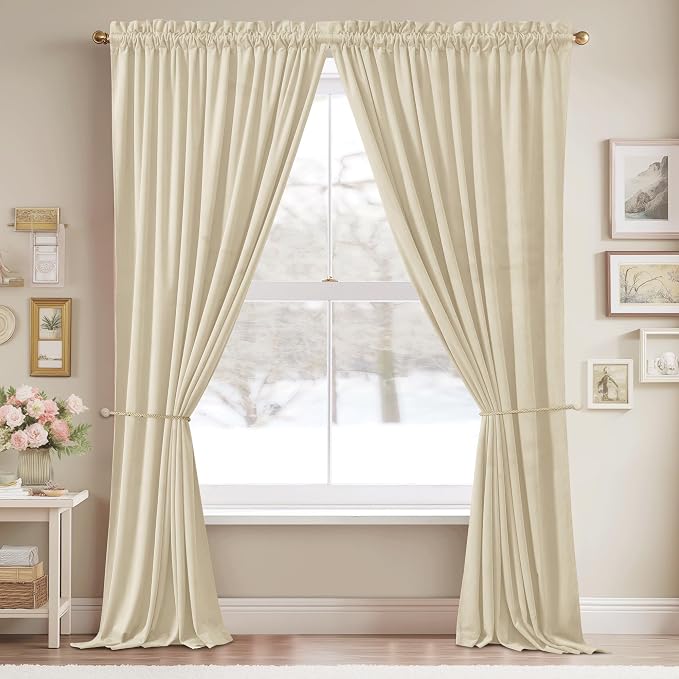 StangH Beige Curtains 105 inches Long Elegant Velvet Thermal Curtains for Bedroom, Light Reducing Privacy Protect Window Panels for Living Dining Room, W52 x L105, 2 Panels