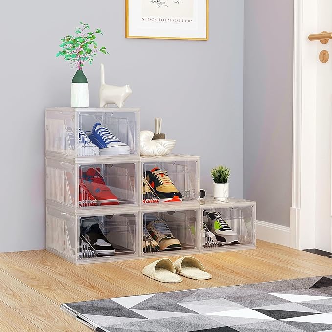 AWTATOS Shoe Storage Boxes, Thickened Shoe Storage Organizer with Clear Magnetic Door, Stackable Shoe Container with Lids, Collapsible Large Shoe Rack, Fit up to US Size 15, 6 Pack