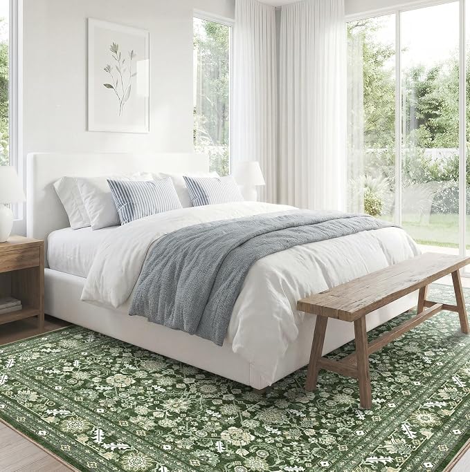 OPPODREAM Low-Pile Area Rugs, Faux Wool Carpet for Living Room, Kitchen, Office, Dorm, Bedroom, Vintage Washable Rug Non Slip, Dark Green, 4'x6'