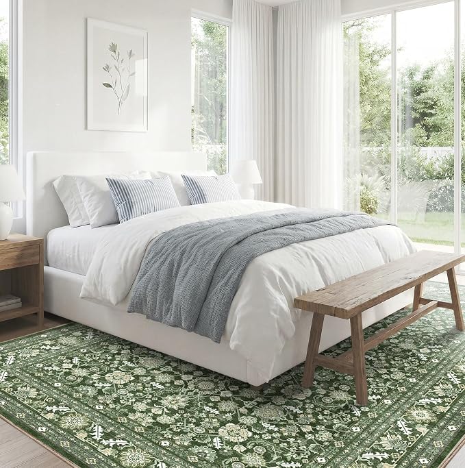 OPPODREAM Low-Pile Area Rugs, Faux Wool Carpet for Living Room, Kitchen, Office, Dorm, Bedroom, Vintage Washable Rug Non Slip, Dark Green, 2'x10'