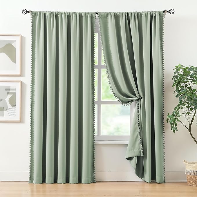 Light Green Pom Poms Blackout-Curtains 95 inch Bedroom Window Curtains for Living Room Triple Weave Half Blackout Window Curtains for Hotel Guest Room Drapes 52"w x2 Panels Rod Pocket Sage