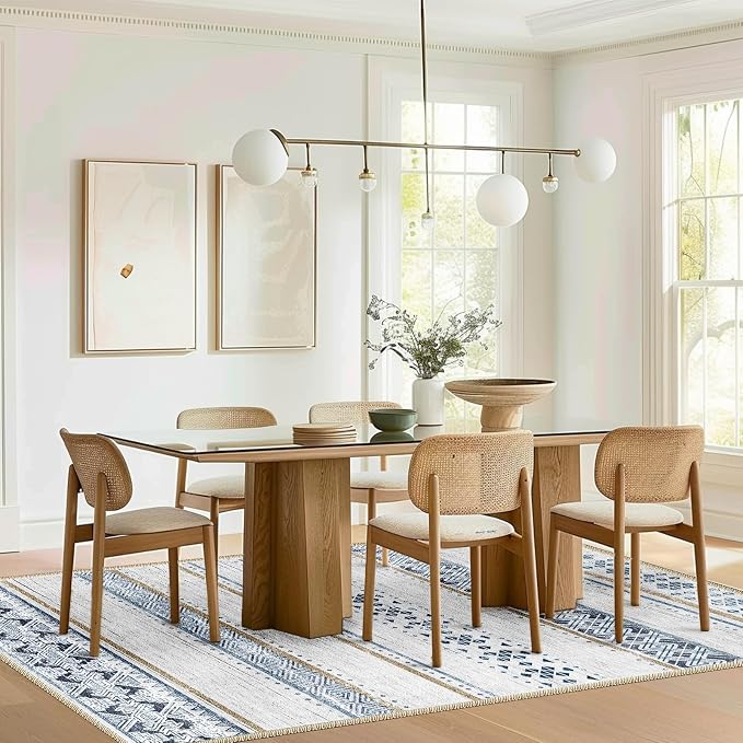 BESTSWEETIE 6x9 Area Rugs for Living Room Washable Moroccan Farmhouse Neutral Geometric Low Pile Non-Slip Soft Print Pattern Rug for Bedroom Kitchen Dining Room Entryway Blue/Brown