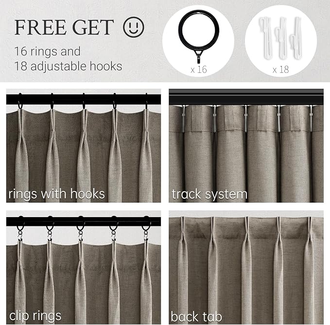 96 Inches Long Pinch Pleated Semi Sheer Curtains,Burlywood Linen Blended Light Filtering Window Curtains 96 Length 2 Panels for Living Room Bedroom Pinch Pleat Drapes with Hooks 2 Panels 40" Wx96 L