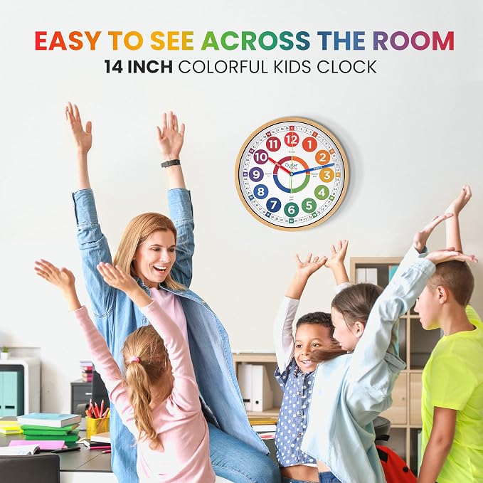 Oyster&Pop Kids Clock - Silent 14" Analog Learning Wall Clocks - Award-Winning Telling Time Teaching Clock for Kids - Large for Classrooms Homeschool & Bedrooms - Includes eBook