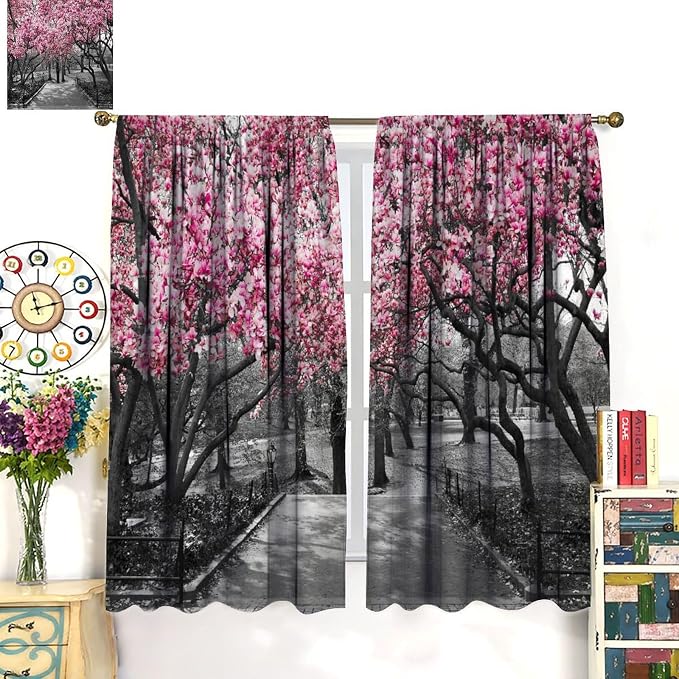 Cherry Blossom Forest Blackout Curtains for Kitchen,Vintage Rustic Pink Cherry Blossom Trees Forest Nature Landscape Window Treatments Print for Girls Kids Bedroom Living Room 42x45in