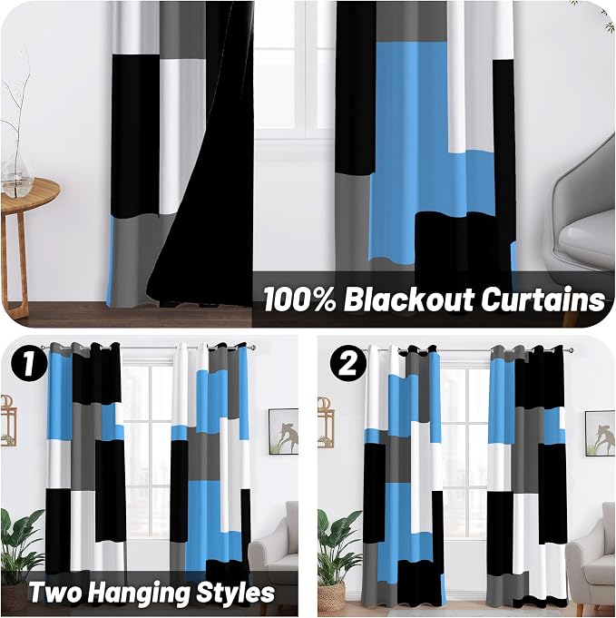 Tyrot Light Blue 100% Blackout Curtains for Bedroom 108 inch Extra Long 2 Panels Set Black Grey Modern Abstract Geometric Black Out Curtains Room Darkening Window Drapes for Living Room, 52Wx108L