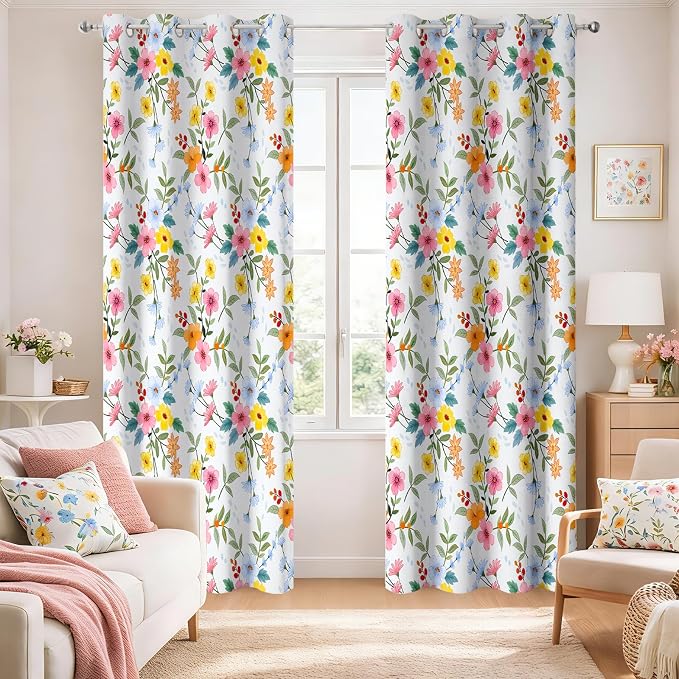 Flower Window Drapes, Pink Yellow Floral Modern Chic Blackout Room Darkening Grommets Curtains, Window Curtains for Living Room Bedroom Drom Decor 52x84 Inch