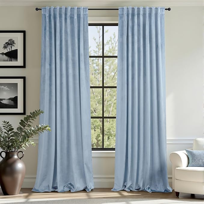 Dusty Blue Velvet Curtains 108 Inches Long 2 Panels Set Light Blue Luxury Blackout Curtains for Bedroom Living Room Super Soft Thermal Insulated Grey Blue Window Drapes Back Tab Rod Pocket 108 Length