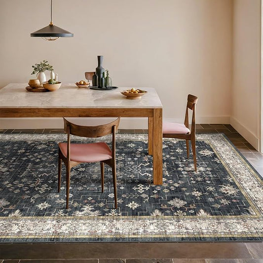 Hazo Haus Boho Dining Room Rugs for Under Table - Washable Black Area Rug for Living Room, Low Pile Non-Slip Rugs for Bedroom, Office - Charming Geometric Decor & Stain Resistance - 6x8 Black/Multi