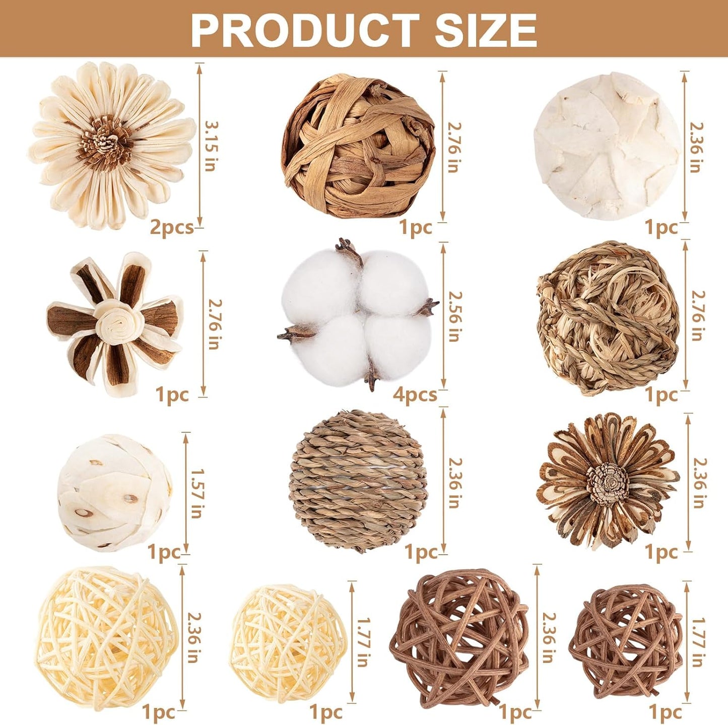 17Pcs Vintage Decorative Balls for Potpourri Bowl Filler, Bowl Filler for Table Centerpiece Home Decor, Woven Rattan Wicker Balls, Rattan Wicker Orbs Fillers for Vase Jar Dough Bowl