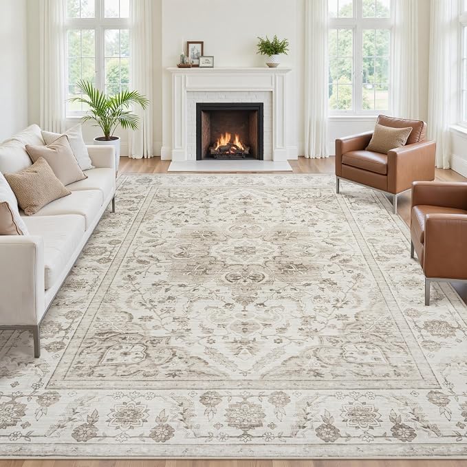 8x10 Area Rugs for Living Room:Beige Washable Vintage Medallion Carpet Non-Slip Soft Low Pile Large Rugs Indoor Retro Rug for Bedroom Nursery Dining Table Office Home(Beige White 8'x10')