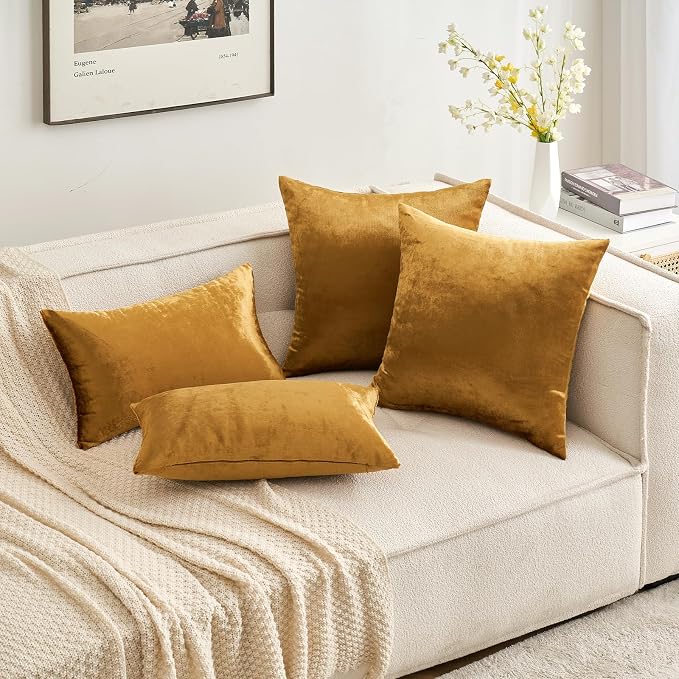 MIULEE Dark Gold Velvet Throw Pillow Covers 12x12 Inch Soft Solid Decorative Square Cushion Cases Modern Home Decor for Couch Sofa Bedroom