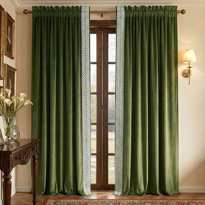NICETOWN Rod Pocket Embroidered Trim Velvet Curtains, 2 Panels, Olive Green, 96 Inch Length Adjustable Velvet Curtains, Room Darkening Noise Reduce Drape, Modern Window Panels for Bedroom Living